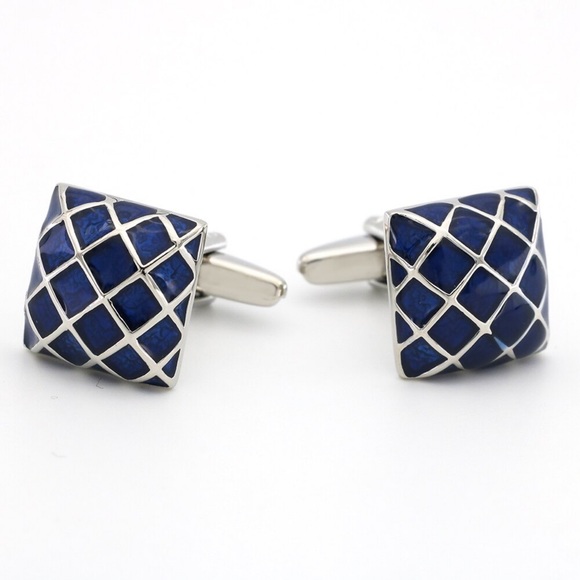 Silver and Blue Glass Crosshatch Moroccan Mosaic Cufflinks - Picture 5 of 16